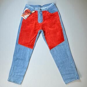 VTG 80s Don’t Stop Jeans Womens Blue Red Suede High Rise Tapered 33 RUNS SMALL